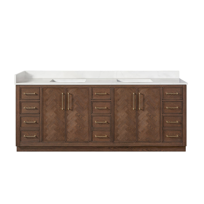 Jakarta 84" Freestanding Double Bath Vanity in Aged Dark Brown Oak with Silk White Quartz Stone Top