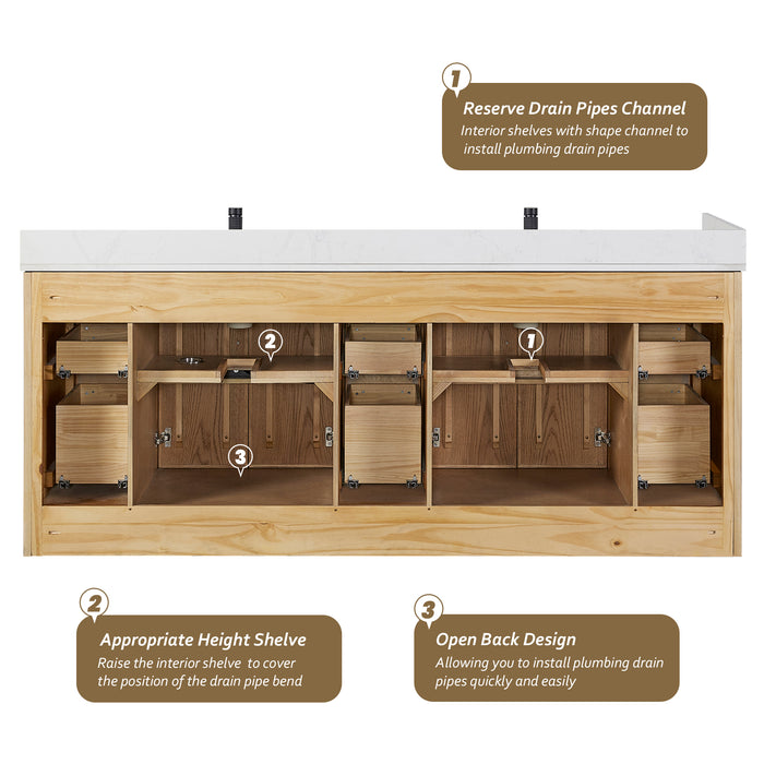 84-Inch Polaris Double Sink Vanity – Weathering Oak Finish with White Quartz Countertop and Soft-Close Drawers