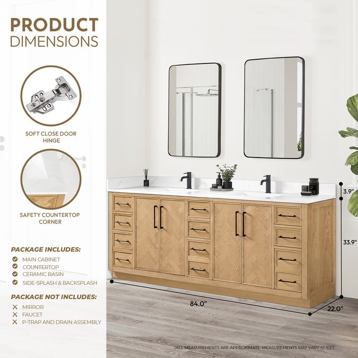 84-Inch Polaris Double Sink Vanity – Weathering Oak Finish with White Quartz Countertop and Soft-Close Drawers