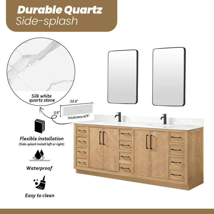 84-Inch Polaris Double Sink Vanity – Weathering Oak Finish with White Quartz Countertop and Soft-Close Drawers