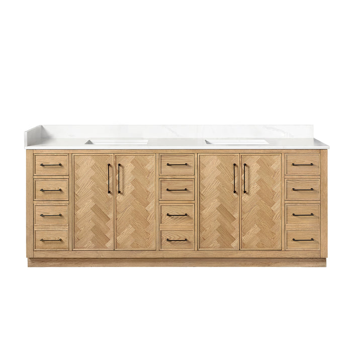 84-Inch Polaris Double Sink Vanity – Weathering Oak Finish with White Quartz Countertop and Soft-Close Drawers