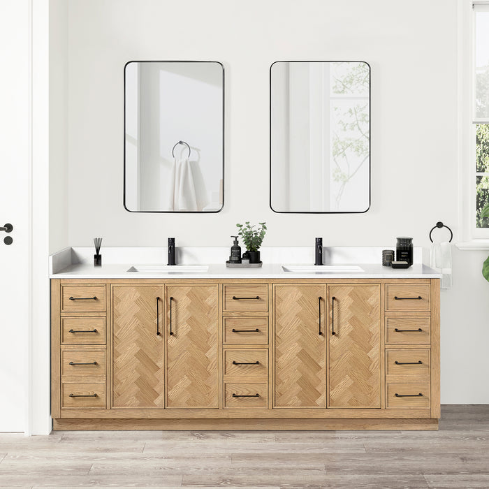 84-Inch Polaris Double Sink Vanity – Weathering Oak Finish with White Quartz Countertop and Soft-Close Drawers