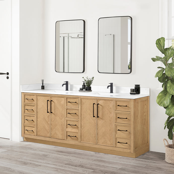 84-Inch Polaris Double Sink Vanity – Weathering Oak Finish with White Quartz Countertop and Soft-Close Drawers