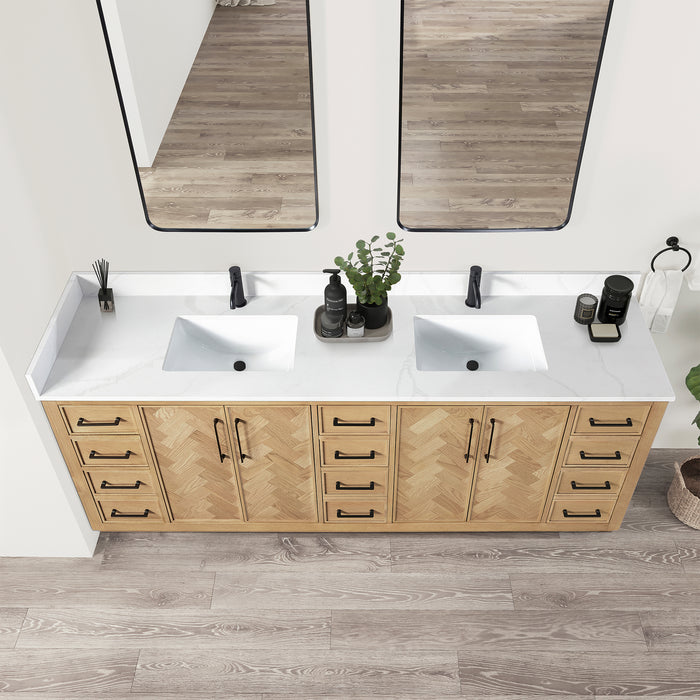 84-Inch Polaris Double Sink Vanity – Weathering Oak Finish with White Quartz Countertop and Soft-Close Drawers