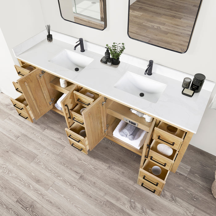 84-Inch Polaris Double Sink Vanity – Weathering Oak Finish with White Quartz Countertop and Soft-Close Drawers