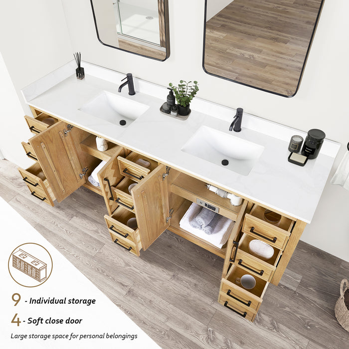 84-Inch Polaris Double Sink Vanity – Weathering Oak Finish with White Quartz Countertop and Soft-Close Drawers