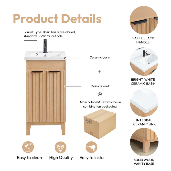 18-Inch Fresco Wood Single Bath Vanity Brown Freestanding with Ceramic Basin & Matching Mirror