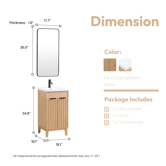 18-Inch Fresco Wood Single Bath Vanity Brown Freestanding with Ceramic Basin & Matching Mirror