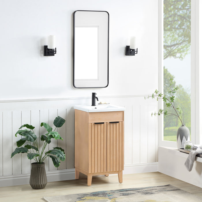 18-Inch Fresco Wood Single Bath Vanity Brown Freestanding with Ceramic Basin & Matching Mirror