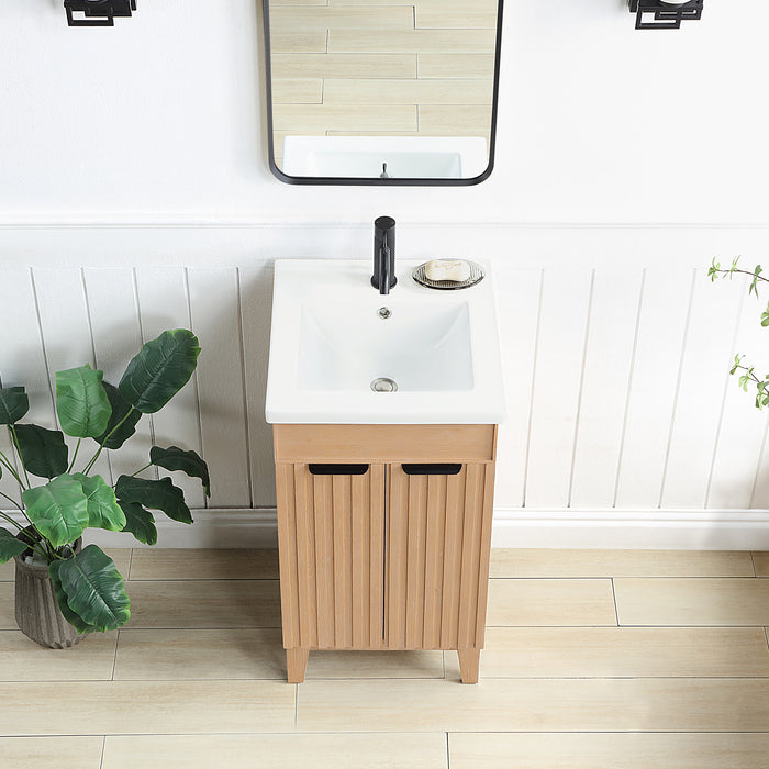 18-Inch Fresco Wood Single Bath Vanity Brown Freestanding with Ceramic Basin & Matching Mirror