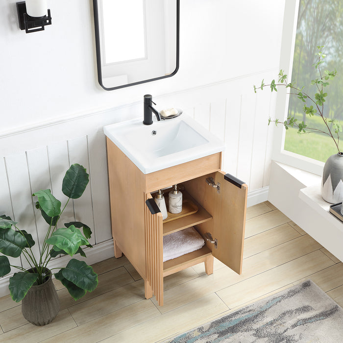 18-Inch Fresco Wood Single Bath Vanity Brown Freestanding with Ceramic Basin & Matching Mirror