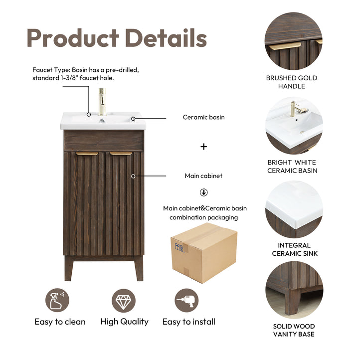 18-Inch Furtado Single Bathroom Vanity - Free-Standing Spruce Aged Brown Wood with White Drop-In Basin