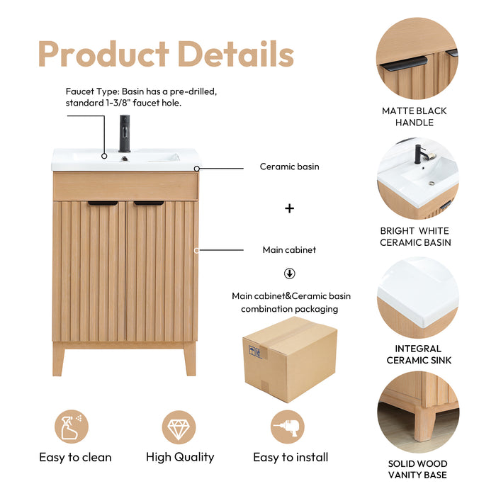 24-Inch Geode Brown Fir Wood Bathroom Vanity Freestanding Single with Drop-In White Basin