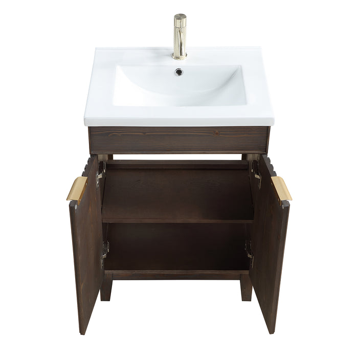 24-Inch Glisten Free-Standing Bathroom Vanity Single Sink Solid Wood Spruce Aged Brown with Ceramic Basin Top