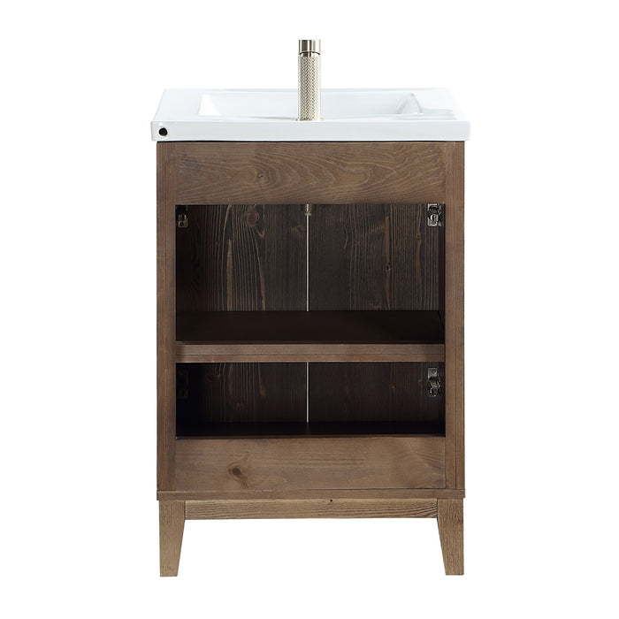 24-Inch Glisten Free-Standing Bathroom Vanity Single Sink Solid Wood Spruce Aged Brown with Ceramic Basin Top