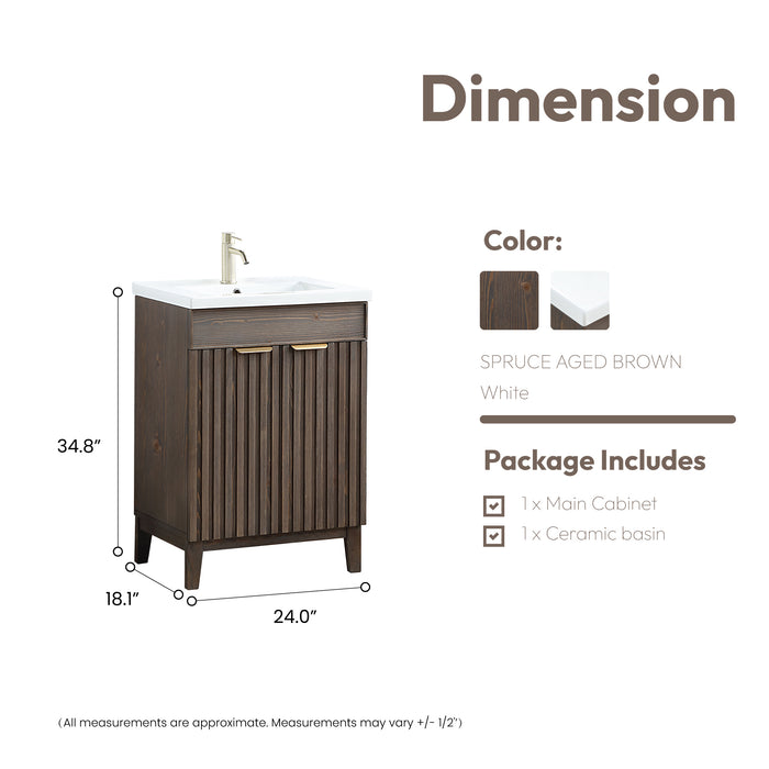 24-Inch Glisten Free-Standing Bathroom Vanity Single Sink Solid Wood Spruce Aged Brown with Ceramic Basin Top