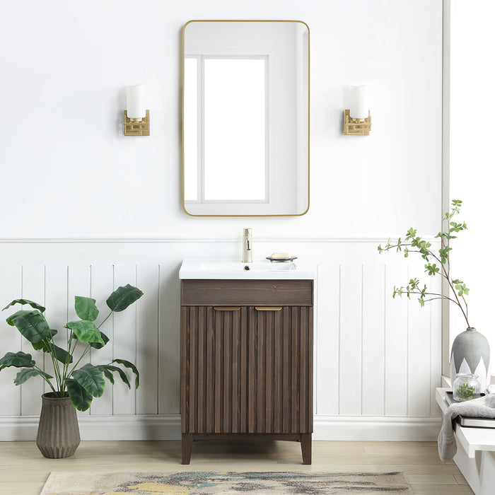 24-Inch Glisten Free-Standing Bathroom Vanity Single Sink Solid Wood Spruce Aged Brown with Ceramic Basin Top