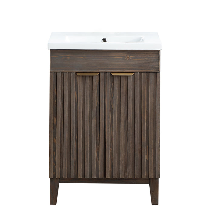 24-Inch Glisten Free-Standing Bathroom Vanity Single Sink Solid Wood Spruce Aged Brown with Ceramic Basin Top
