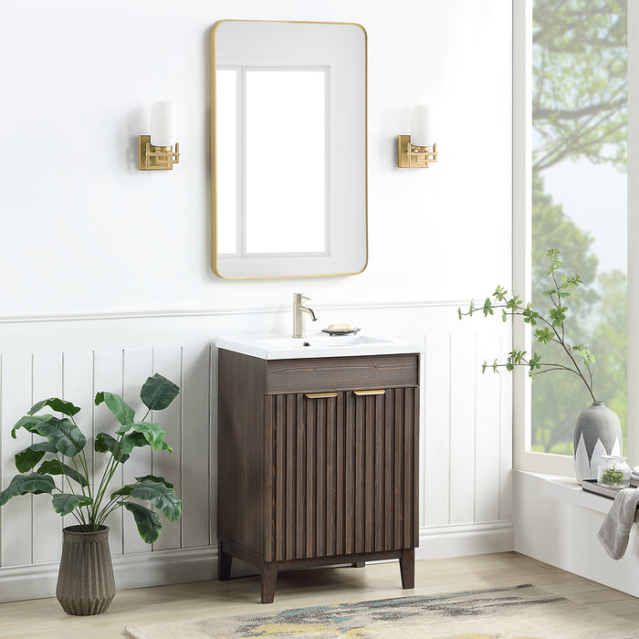 24-Inch Glisten Free-Standing Bathroom Vanity Single Sink Solid Wood Spruce Aged Brown with Ceramic Basin Top