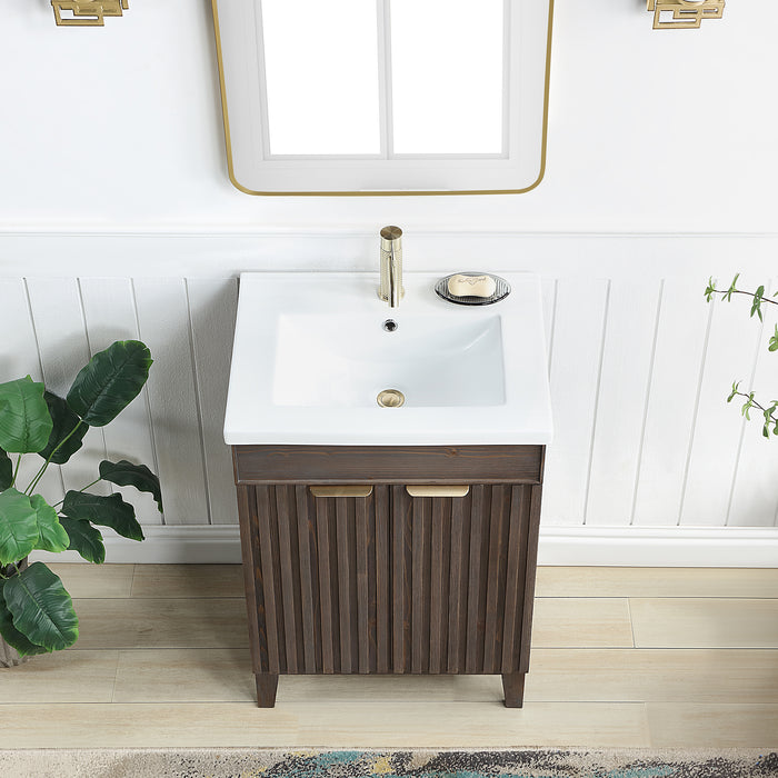 24-Inch Glisten Free-Standing Bathroom Vanity Single Sink Solid Wood Spruce Aged Brown with Ceramic Basin Top