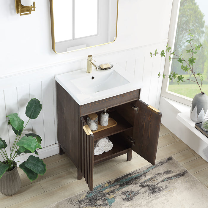 24-Inch Glisten Free-Standing Bathroom Vanity Single Sink Solid Wood Spruce Aged Brown with Ceramic Basin Top