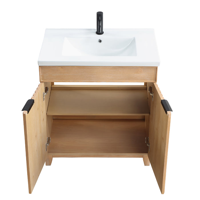 30-Inch Goldleaf Fir Wood Brown Vanity - Freestanding Single Sink Cabinet with White Ceramic Basin