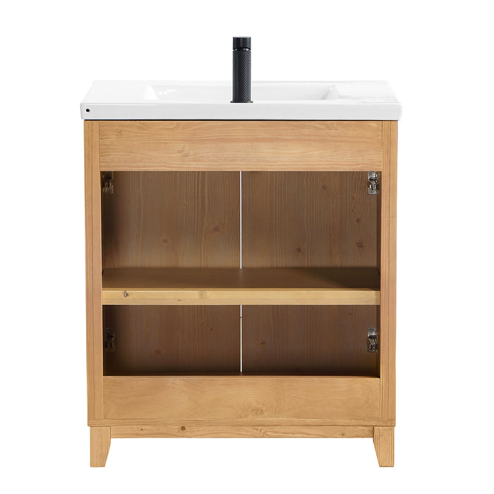 30-Inch Goldleaf Fir Wood Brown Vanity - Freestanding Single Sink Cabinet with White Ceramic Basin