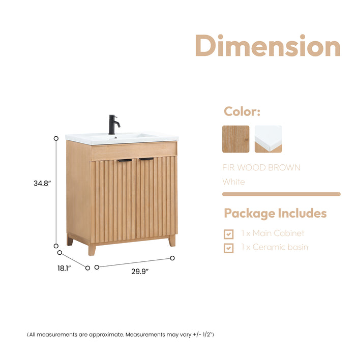 30-Inch Goldleaf Fir Wood Brown Vanity - Freestanding Single Sink Cabinet with White Ceramic Basin