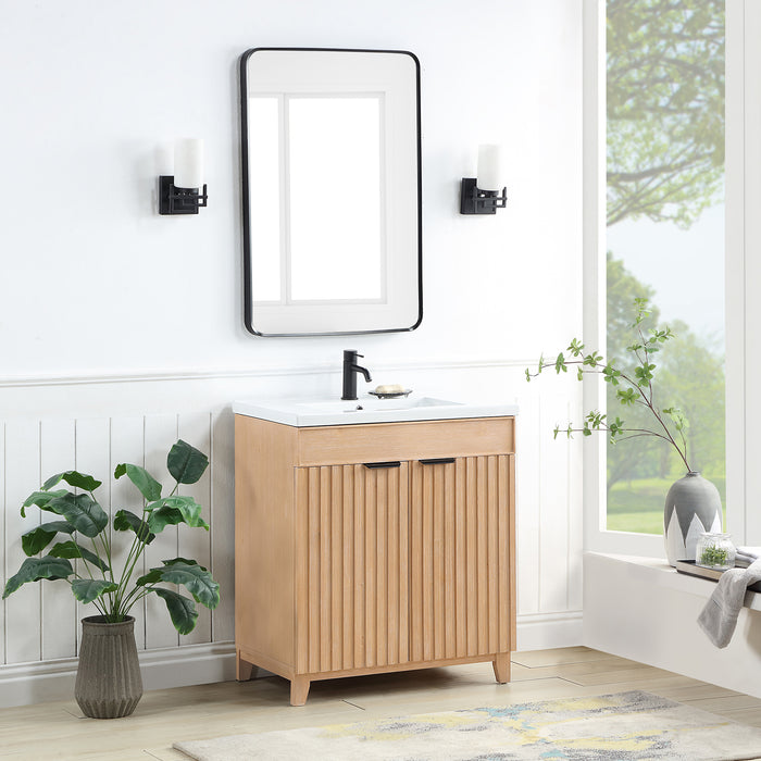 30-Inch Goldleaf Fir Wood Brown Vanity - Freestanding Single Sink Cabinet with White Ceramic Basin