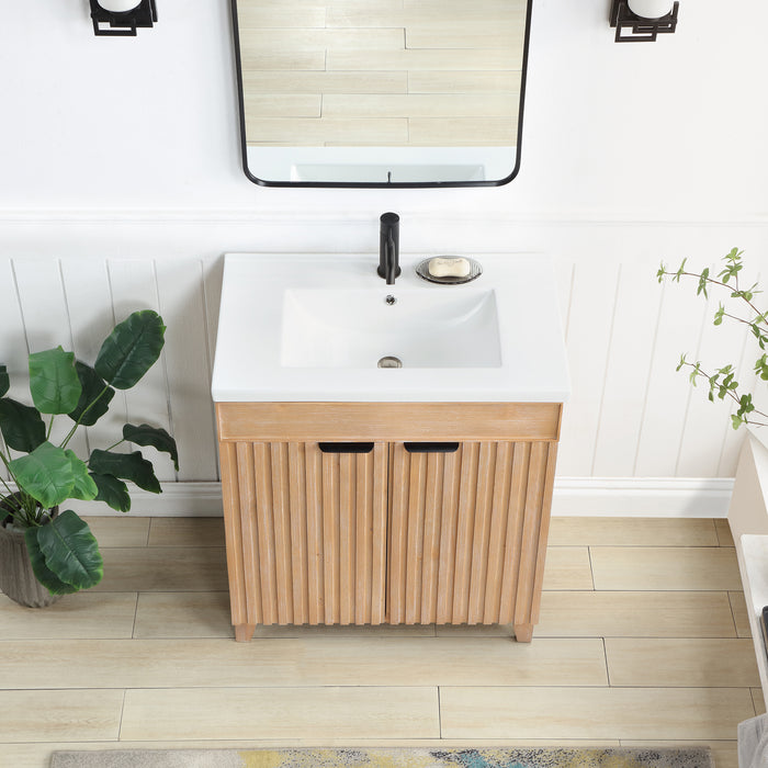 30-Inch Goldleaf Fir Wood Brown Vanity - Freestanding Single Sink Cabinet with White Ceramic Basin
