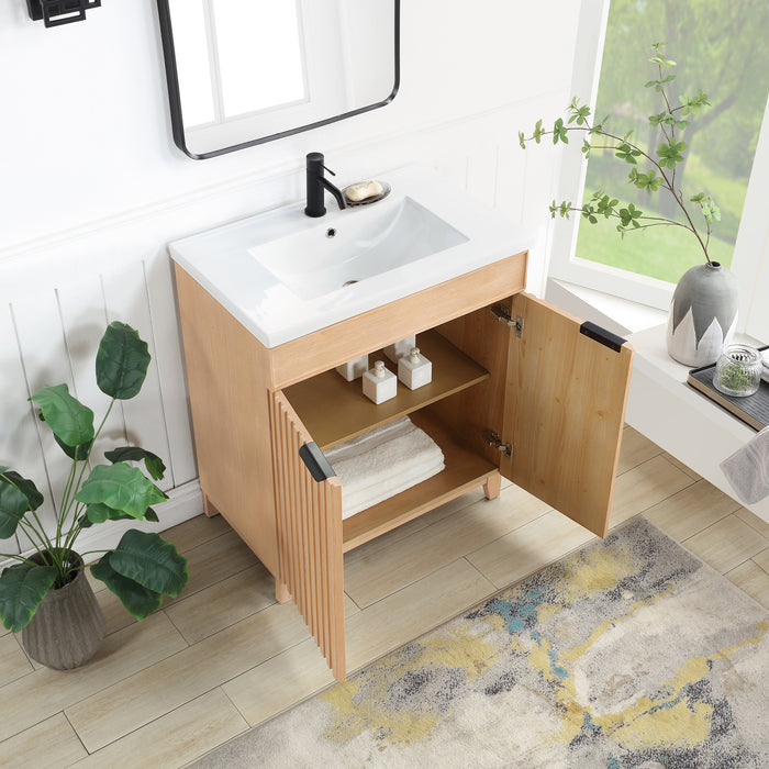 30-Inch Goldleaf Fir Wood Brown Vanity - Freestanding Single Sink Cabinet with White Ceramic Basin