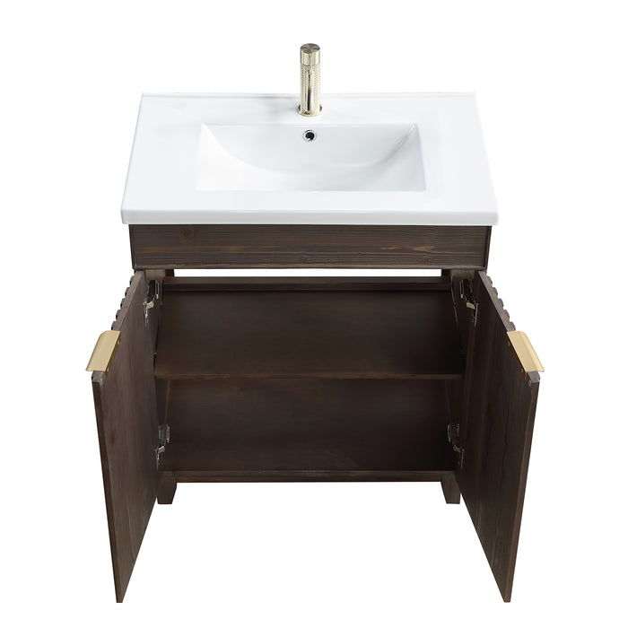 30-Inch Halcyon Free-Standing Single Sink Vanity - Solid Wood Spruce Aged Brown with White Drop-In Ceramic Basin