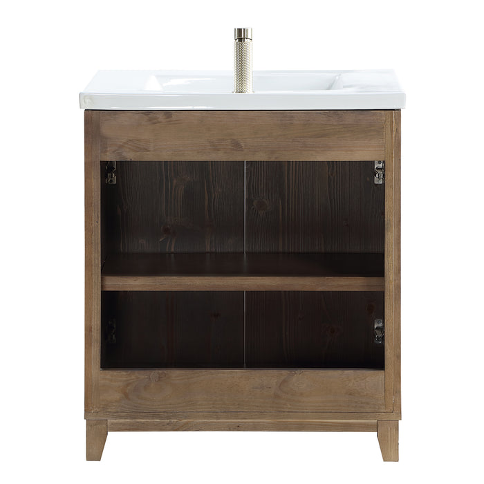 30-Inch Halcyon Free-Standing Single Sink Vanity - Solid Wood Spruce Aged Brown with White Drop-In Ceramic Basin