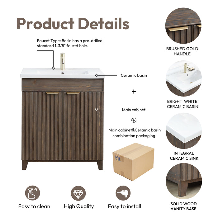 30-Inch Halcyon Free-Standing Single Sink Vanity - Solid Wood Spruce Aged Brown with White Drop-In Ceramic Basin