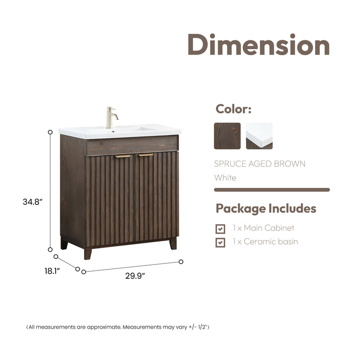 30-Inch Halcyon Free-Standing Single Sink Vanity - Solid Wood Spruce Aged Brown with White Drop-In Ceramic Basin