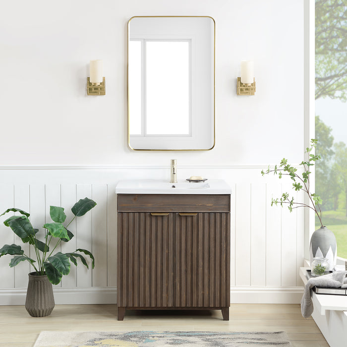 30-Inch Halcyon Free-Standing Single Sink Vanity - Solid Wood Spruce Aged Brown with White Drop-In Ceramic Basin
