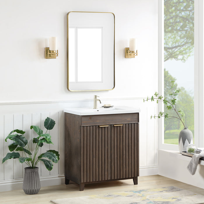 30-Inch Halcyon Free-Standing Single Sink Vanity - Solid Wood Spruce Aged Brown with White Drop-In Ceramic Basin