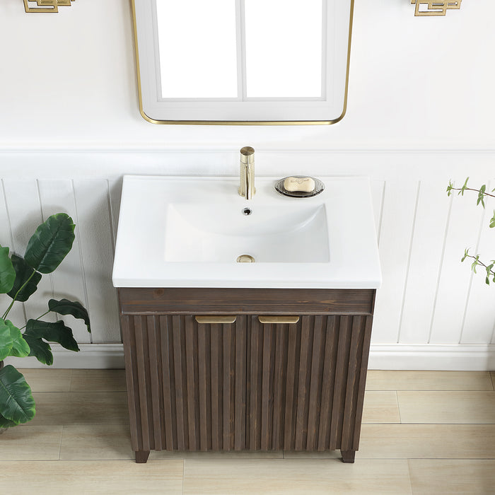 30-Inch Halcyon Free-Standing Single Sink Vanity - Solid Wood Spruce Aged Brown with White Drop-In Ceramic Basin