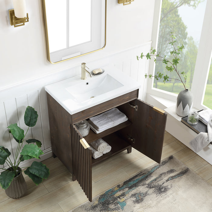 30-Inch Halcyon Free-Standing Single Sink Vanity - Solid Wood Spruce Aged Brown with White Drop-In Ceramic Basin