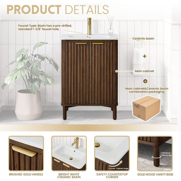 24-Inch Bellwood Freestanding Vanity – Aged Dark Brown Wood Cabinet with White Drop-In Ceramic Sink