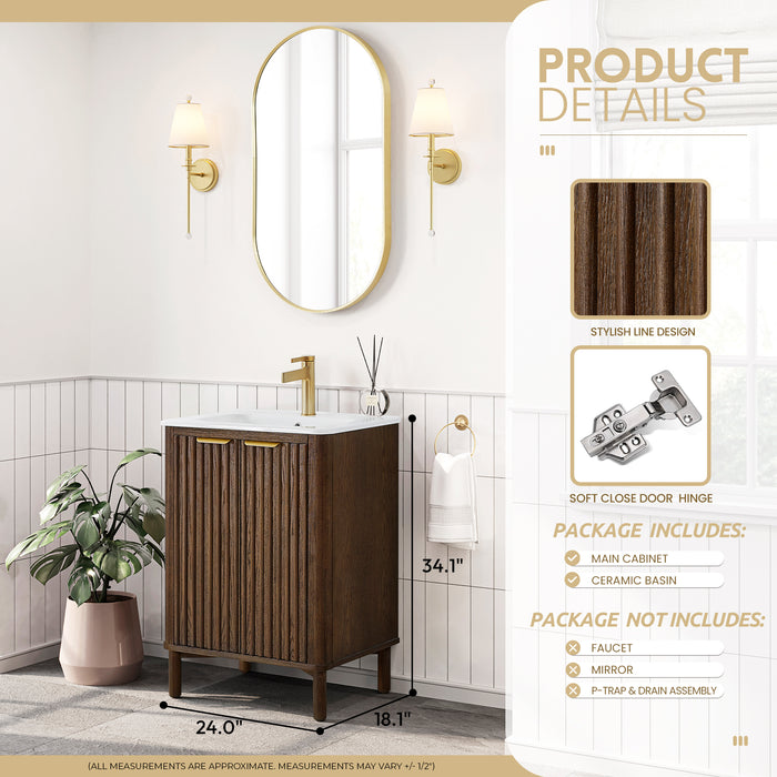 24-Inch Bellwood Freestanding Vanity – Aged Dark Brown Wood Cabinet with White Drop-In Ceramic Sink
