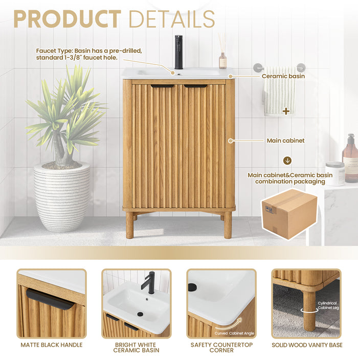 24 Inch Bexley Freestanding Vanity – Weathered Oak Single Sink Cabinet with Drop-In White Ceramic Top