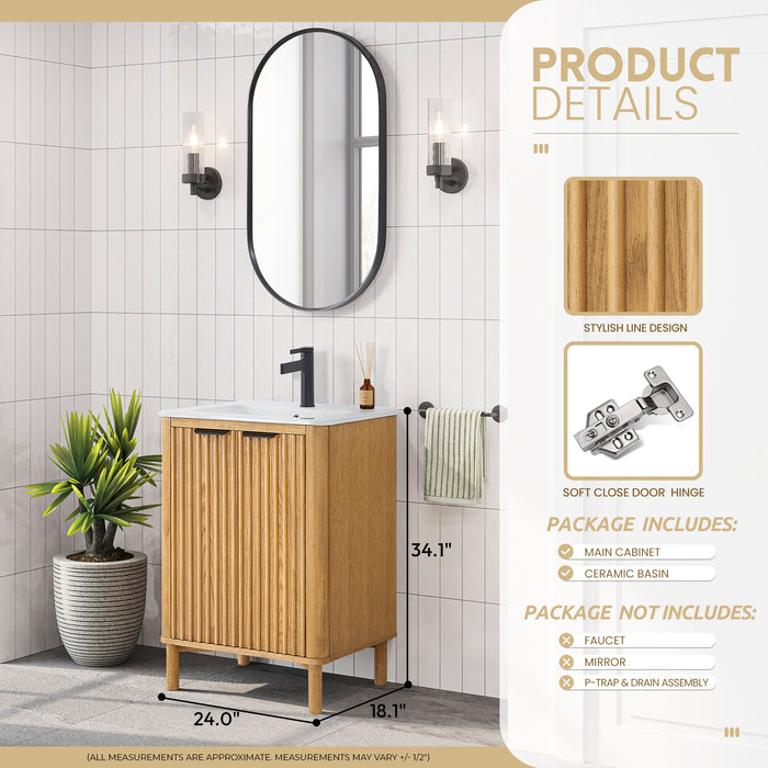 24 Inch Bexley Freestanding Vanity – Weathered Oak Single Sink Cabinet with Drop-In White Ceramic Top