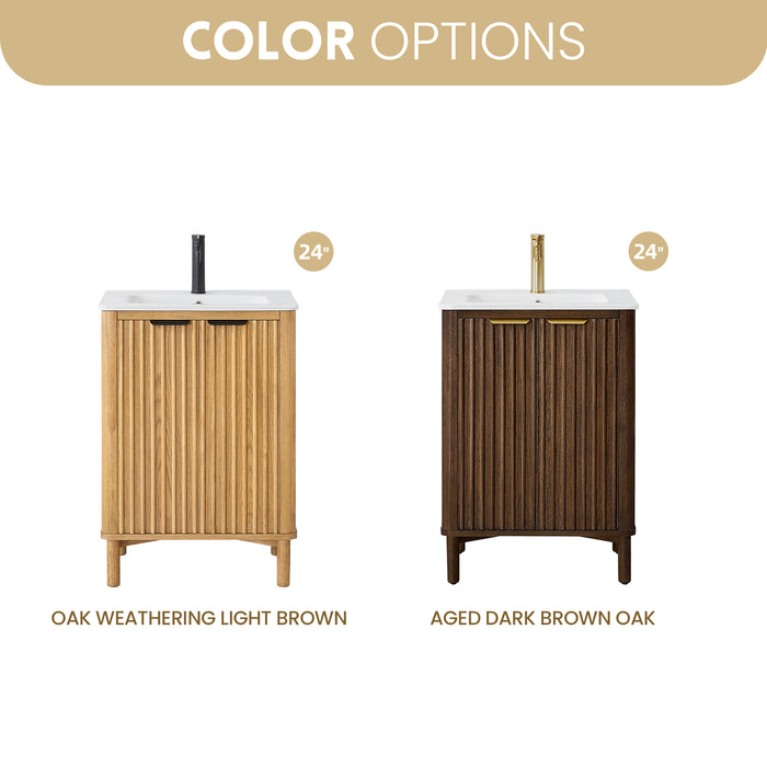 24 Inch Bexley Freestanding Vanity – Weathered Oak Single Sink Cabinet with Drop-In White Ceramic Top