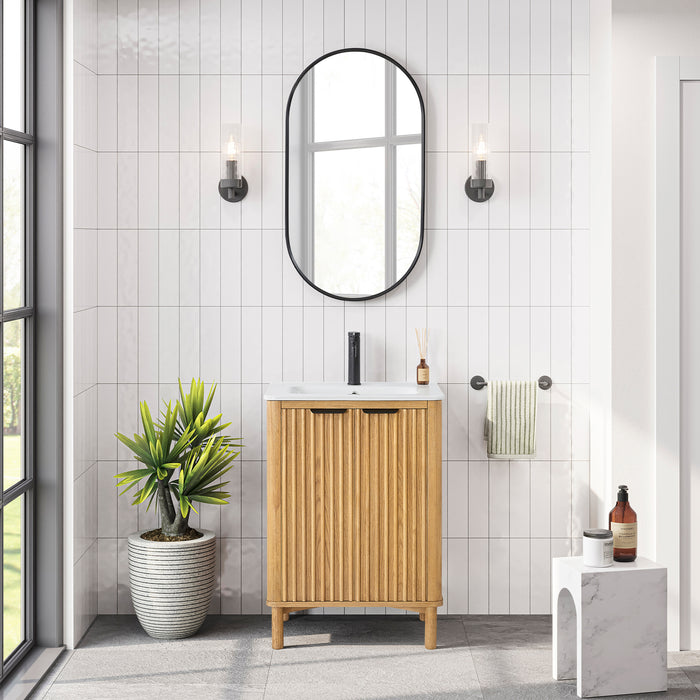24 Inch Bexley Freestanding Vanity – Weathered Oak Single Sink Cabinet with Drop-In White Ceramic Top