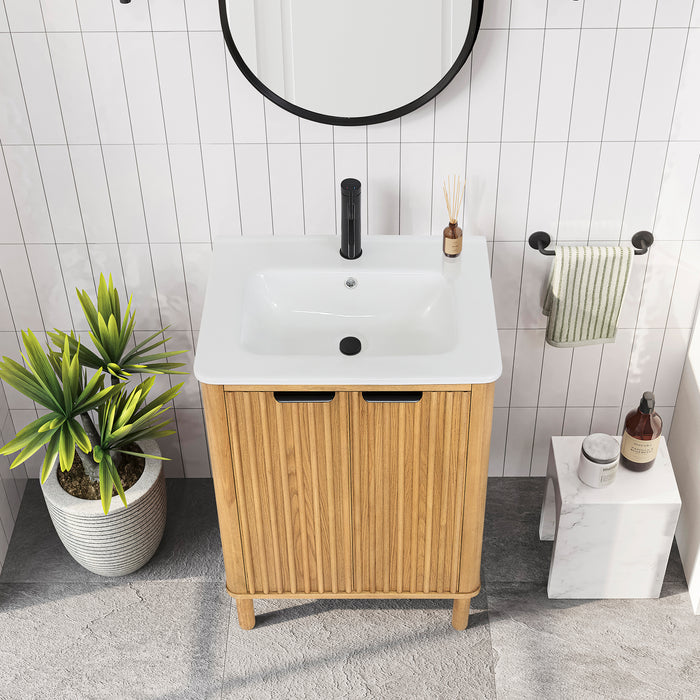 24 Inch Bexley Freestanding Vanity – Weathered Oak Single Sink Cabinet with Drop-In White Ceramic Top