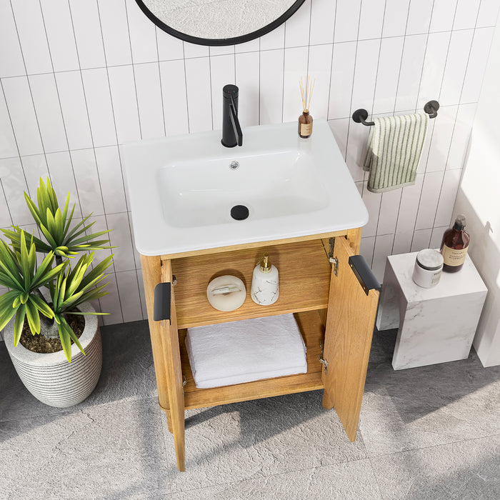24 Inch Bexley Freestanding Vanity – Weathered Oak Single Sink Cabinet with Drop-In White Ceramic Top