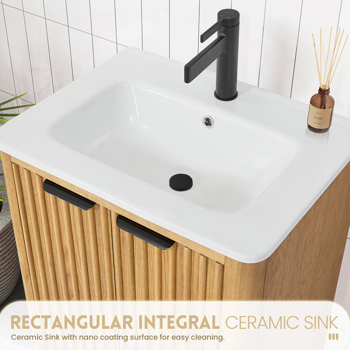 24 Inch Bexley Freestanding Vanity – Weathered Oak Single Sink Cabinet with Drop-In White Ceramic Top