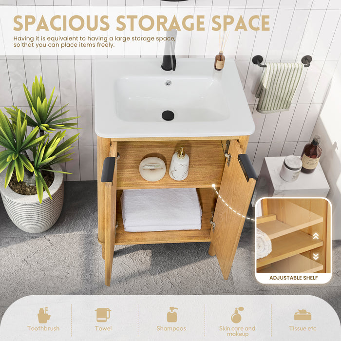 24 Inch Bexley Freestanding Vanity – Weathered Oak Single Sink Cabinet with Drop-In White Ceramic Top