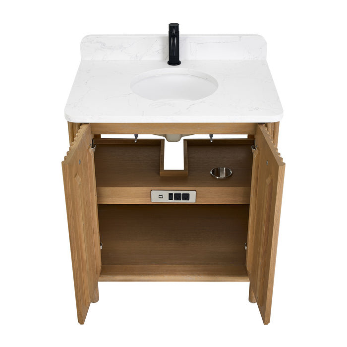 30-Inch Madera Free-Standing Vanity - Washed Ash Grey Solid Wood with Composite Stone Top and Built-in Outlets
